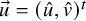 ModifyingAbove u With right arrow equals left parenthesis ModifyingAbove u With caret comma ModifyingAbove v With caret right parenthesis Superscript t