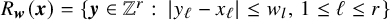 upper R Subscript bold italic w Baseline left parenthesis bold italic x right parenthesis equals left brace bold italic y element of double struck upper Z Superscript r Baseline colon StartAbsoluteValue y Subscript script l Baseline minus x Subscript script l Baseline EndAbsoluteValue less than or equals w Subscript l Baseline comma 1 less than or equals script l less than or equals r right brace