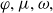 phi comma mu comma omega comma
