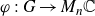 phi colon upper G right arrow upper M Subscript n Baseline double struck upper C