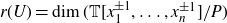 r left parenthesis upper U right parenthesis equals dimension left parenthesis double struck upper T left bracket x 1 Superscript plus or minus 1 Baseline comma ellipsis comma x Subscript n Superscript plus or minus 1 Baseline right bracket divided by upper P right parenthesis
