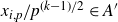 x Subscript i comma p Baseline divided by p Superscript left parenthesis k minus 1 right parenthesis divided by 2 element of upper A prime