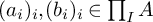 left parenthesis a Subscript i Baseline right parenthesis Subscript i Baseline comma left parenthesis b Subscript i Baseline right parenthesis Subscript i Baseline element of product Underscript upper I Endscripts upper A