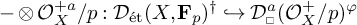 Minus tensor product O X superscript plus a all over p colon D etale open parenthesis X comma F sub p close parenthesis dagger maps to D a box O X superscript plus all over p close parenthesis phi.