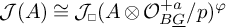 Script J of open parenthesis A close parenthesis is approximately equal to script J sub square of open parenthesis A tensor product O superscript plus a sub B G all over p close parenthesis superscript phi.