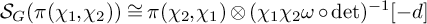 upper S Subscript upper G Baseline left parenthesis pi left parenthesis chi 1 comma chi 2 right parenthesis right parenthesis approximately equals pi left parenthesis chi 2 comma chi 1 right parenthesis circled times left parenthesis chi 1 chi 2 omega ring backslash det right parenthesis Superscript negative 1 Baseline negative d