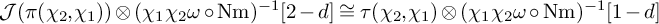 script upper J left parenthesis pi left parenthesis chi 2 comma chi 1 right parenthesis right parenthesis circled times left parenthesis chi 1 chi 2 omega ring upper N m right parenthesis Superscript negative 1 Baseline 2 minus d approximately equals tau left parenthesis chi 2 comma chi 1 right parenthesis circled times left parenthesis chi 1 chi 2 omega ring upper N m right parenthesis Superscript negative 1 Baseline 1 minus d