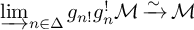 backslash varinjlim Underscript n element of upper Delta Endscripts g Subscript n factorial Baseline g Subscript n Superscript factorial Baseline script upper M backslash xrightarrow tilde script upper M