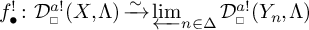 f bullet colon D superscript a exclamation sub box open parenthesis X comma capital lambda close parenthesis is approximately inverse limit as n in capital delta of D superscript a exclamation sub box open parenthesis Y sub n comma capital lambda...