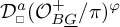 D sub square to the a power of open parenthesis O super plus sub B G all over pi close parenthesis to the phi power.