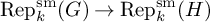 upper R e p Subscript k Superscript s m Baseline left parenthesis upper G right parenthesis right arrow upper R e p Subscript k Superscript s m Baseline left parenthesis upper H right parenthesis
