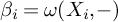 beta Subscript i Baseline equals omega left parenthesis upper X Subscript i Baseline comma minus right parenthesis