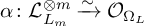 alpha colon script upper L Subscript upper L Sub Subscript m Subscript Superscript circled times m Baseline backslash xrightarrow tilde upper O Subscript upper Omega Sub Subscript upper L Subscript Baseline
