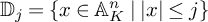 double struck upper D Subscript j Baseline equals StartSet x element of double struck upper A Subscript upper K Superscript n Baseline vertical bar StartAbsoluteValue x EndAbsoluteValue less than or equals j EndSet