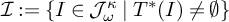 script upper I colon equals StartSet upper I element of upper J Subscript omega Superscript kappa Baseline vertical bar upper T Superscript asterisk Baseline left parenthesis upper I right parenthesis not equals backslash emptyset EndSet