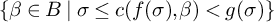 StartSet beta element of upper B vertical bar sigma less than or equals c left parenthesis f left parenthesis sigma right parenthesis comma beta right parenthesis less than g left parenthesis sigma right parenthesis EndSet