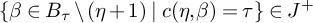 StartSet beta element of upper B Subscript tau Baseline divided by left parenthesis eta plus 1 right parenthesis vertical bar c left parenthesis eta comma beta right parenthesis equals tau EndSet element of upper J Superscript plus
