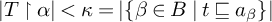 StartAbsoluteValue upper T up harpoon with barb right alpha EndAbsoluteValue less than kappa equals StartAbsoluteValue StartSet beta element of upper B vertical bar t square image of or equal to a Subscript beta Baseline EndSet EndAbsoluteValue