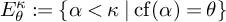 upper E Subscript theta Superscript kappa Baseline colon equals StartSet alpha less than kappa vertical bar backslash operatorname c f left parenthesis alpha right parenthesis equals theta EndSet