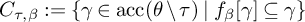 upper C Subscript tau comma beta Baseline colon equals StartSet gamma element of backslash operatorname a c c left parenthesis theta divided by tau right parenthesis vertical bar f Subscript beta Baseline gamma subset of or equal to gamma EndSet
