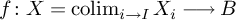 f colon upper X equals backslash operatorname c o l i m Subscript i right arrow upper I Baseline upper X Subscript i Baseline long right arrow upper B