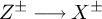 upper Z Superscript plus or minus Baseline long right arrow upper X Superscript plus or minus