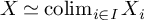 upper X asymptotically equals backslash operatorname c o l i m Subscript i element of upper I Baseline upper X Subscript i