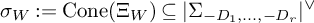 sigma Subscript upper W Baseline colon equals backslash operatorname upper C o n e left parenthesis upper Xi Subscript upper W Baseline right parenthesis subset of or equal to StartAbsoluteValue upper Sigma Subscript minus upper D 1 comma midline horizontal ellipsis comma minus upper D Sub Subscript r Subscript Baseline EndAbsoluteValue Superscript or