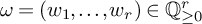 omega equals left parenthesis w 1 comma midline horizontal ellipsis comma w Subscript r Baseline right parenthesis element of upper Q Subscript greater than or equals 0 Superscript r