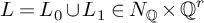 upper L equals upper L 0 union upper L 1 element of upper N Subscript backslash operatorname double struck upper Q Baseline times backslash operatorname double struck upper Q Superscript r