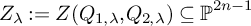 upper Z Subscript lamda Baseline colon equals upper Z left parenthesis upper Q Subscript 1 comma lamda Baseline comma upper Q Subscript 2 comma lamda Baseline right parenthesis subset of or equal to backslash operatorname double struck upper P Superscript 2 n minus 1