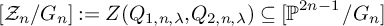 upper Z Subscript n Baseline slash upper G Subscript n Baseline colon equals upper Z left parenthesis upper Q Subscript 1 comma n comma lamda Baseline comma upper Q Subscript 2 comma n comma lamda Baseline right parenthesis subset of or equal to backslash operatorname double struck upper P Superscript 2 n minus 1 Baseline divided by upper G Subscript n Baseline