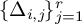 left brace upper Delta Subscript i comma j Baseline backslash kern minus 1 p t right brace Subscript j equals 1 Superscript r