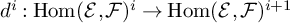 d Superscript i Baseline colon backslash operatorname hom left parenthesis backslash operatorname script upper E comma script upper F right parenthesis Superscript i Baseline right arrow backslash operatorname hom left parenthesis backslash operatorname script upper E comma script upper F right parenthesis Superscript i plus 1