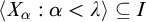 left angle bracket upper X Subscript alpha Baseline colon alpha less than lamda right angle bracket subset of or equal to upper I