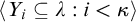 left angle bracket upper Y Subscript i Baseline subset of or equal to lamda colon i less than kappa right angle bracket