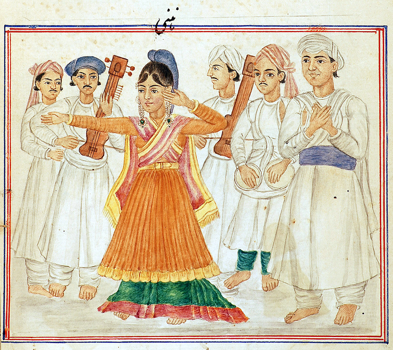 Nanhi and five accompanists in traditional attire, with musical instruments, in a dance performance setting. See long description.