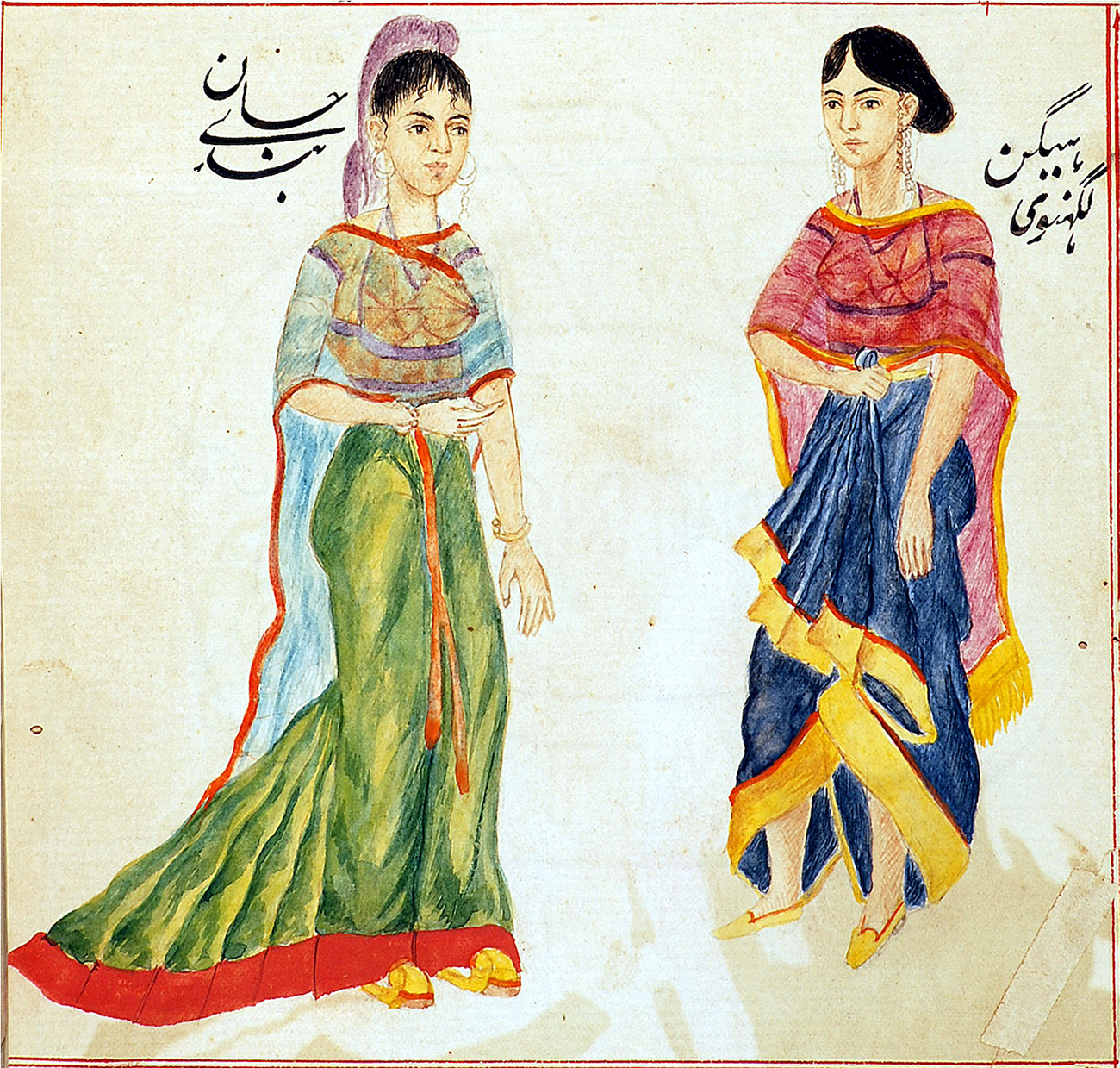Two women in traditional attire, standing side by side with text above each. See long description.
