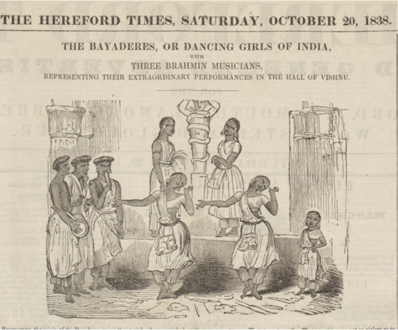 Illustration of dancing girls of India with three musicians performing in a hall, dated October 20, 1838. See long description.