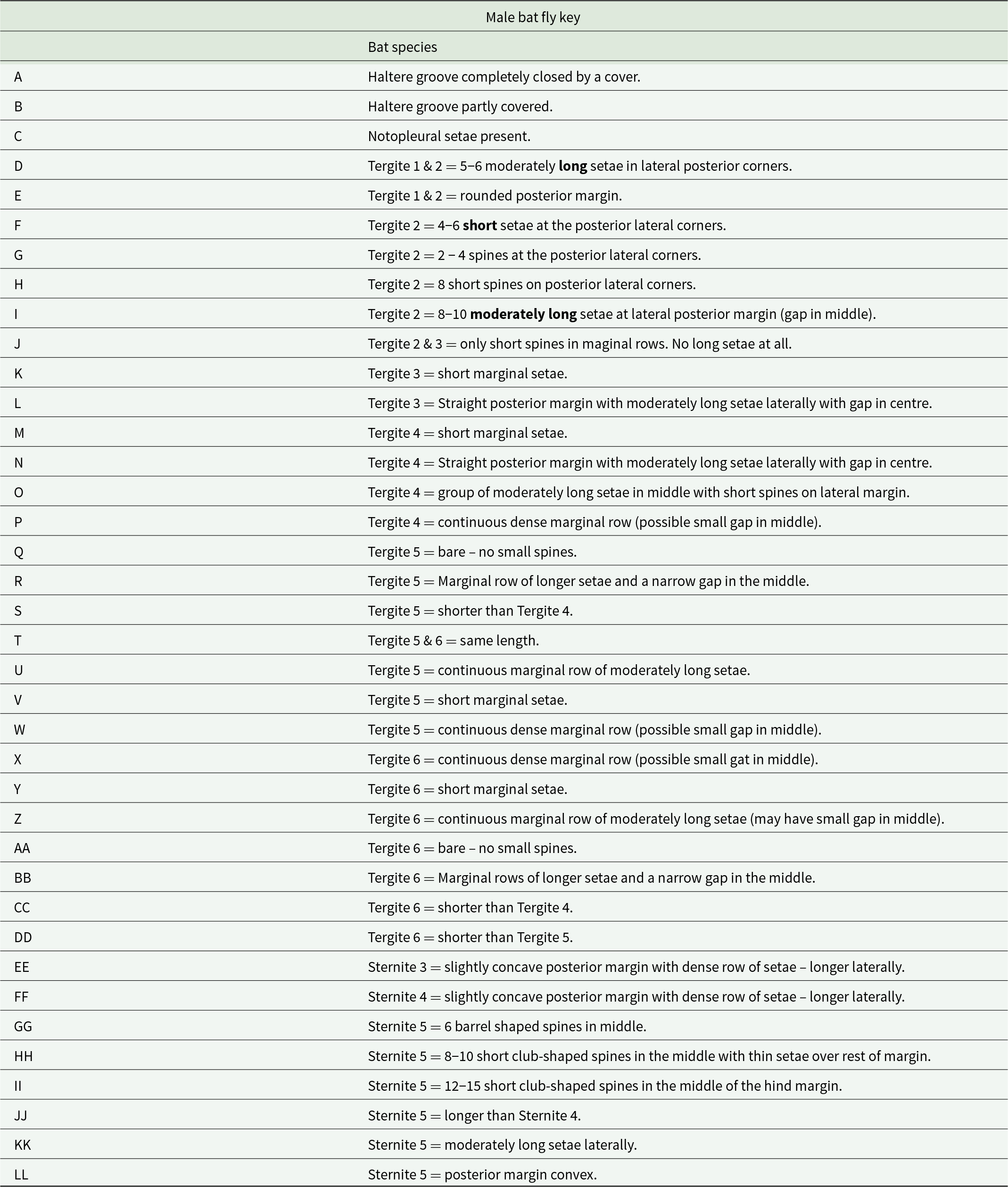 Lettered key lists male bat fly identification traits, focusing on haltere groove coverage and patterns of setae or spines on tergites and sternites. See long description.