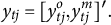 y Subscript t j Baseline equals left bracket y Subscript t j Superscript o Baseline comma y Subscript t j Superscript m Baseline right bracket Superscript prime Baseline period