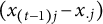left parenthesis x Subscript left parenthesis t minus 1 right parenthesis j Baseline minus x Subscript period j Baseline right parenthesis