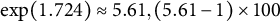 exp left parenthesis 1.724 right parenthesis almost equals 5.61 comma left parenthesis 5.61 minus 1 right parenthesis times 100