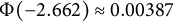 normal upper Phi left parenthesis negative 2.662 right parenthesis almost equals 0.00387