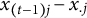 x Subscript left parenthesis t minus 1 right parenthesis j Baseline minus x Subscript period j