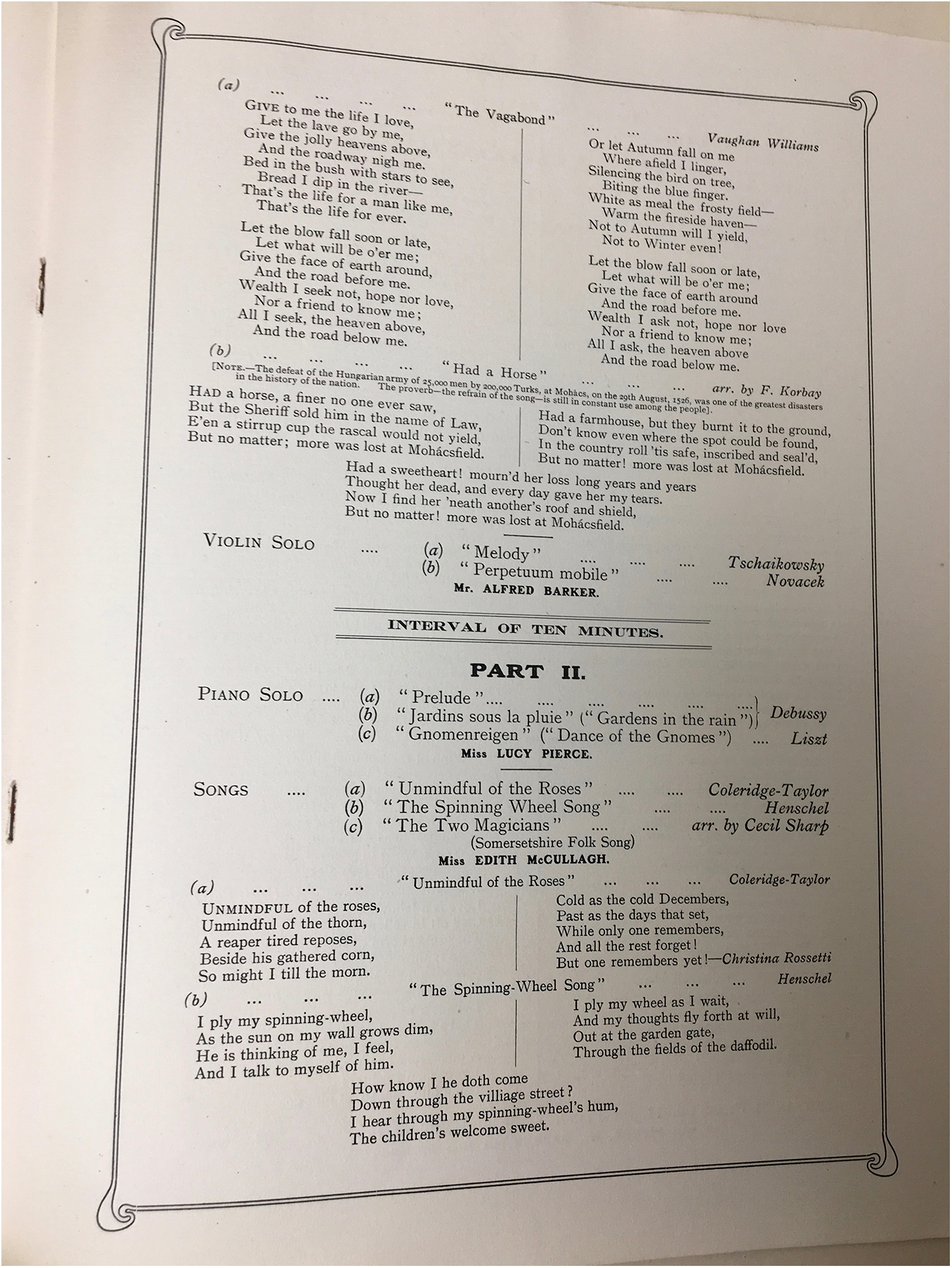 Printed program page showing songs, violin and piano solos, interval items, with decorative border layout. See long description.