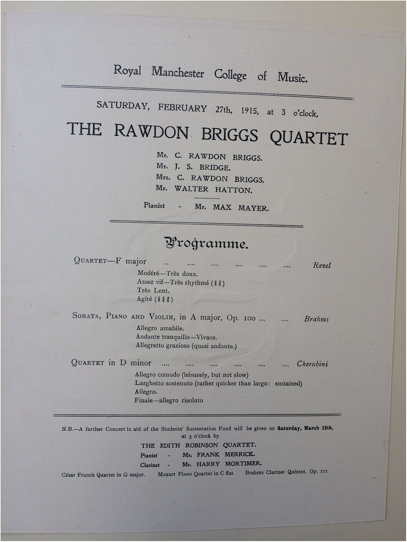 Concert program for the Rawdon Briggs Quartet at Royal Manchester College of Music, February 27, 1915. See long description.