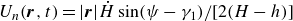upper U Subscript n Baseline left parenthesis bold italic r comma t right parenthesis equals StartAbsoluteValue bold italic r EndAbsoluteValue ModifyingAbove upper H With dot sine left parenthesis psi minus gamma 1 right parenthesis divided by left bracket 2 left parenthesis upper H minus h right parenthesis right bracket