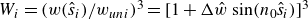 upper W Subscript i Baseline equals left parenthesis w left parenthesis ModifyingAbove s With caret Subscript i Baseline right parenthesis divided by w Subscript u n i Baseline right parenthesis cubed equals left bracket 1 plus normal upper Delta ModifyingAbove w With caret sine left parenthesis n 0 ModifyingAbove s With caret Subscript i Baseline right parenthesis right bracket cubed