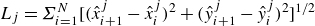upper L Subscript j Baseline equals upper Sigma Subscript i equals 1 Superscript upper N Baseline left bracket left parenthesis ModifyingAbove x With caret Subscript i plus 1 Superscript j Baseline minus ModifyingAbove x With caret Subscript i Superscript j Baseline right parenthesis squared plus left parenthesis ModifyingAbove y With caret Subscript i plus 1 Superscript j Baseline minus ModifyingAbove y With caret Subscript i Superscript j Baseline right parenthesis squared right bracket Superscript 1 divided by 2